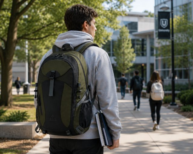 Backpack on a university campus